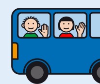 Zeichnung von einem Bus. In den beiden Fenstern ist jeweils ein winkendes Kind