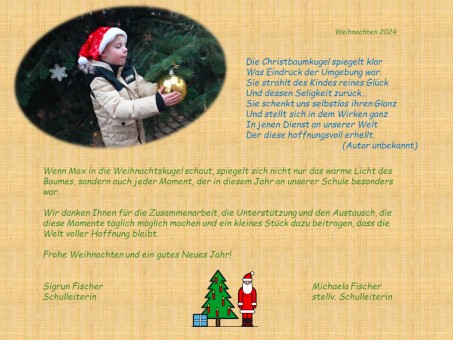 Weihnachtskarte mit einem Bild von einem Schüler, der eine sehr große Kugel an einem Weihnachtsbaum hält.