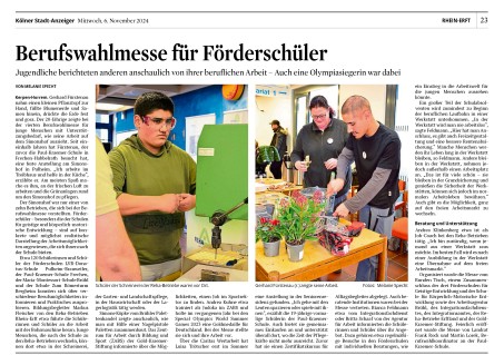 Zeitungsartikel des Kölner Stadtanzeigers vom 6.11.2024 über die Berufswahlmesse.