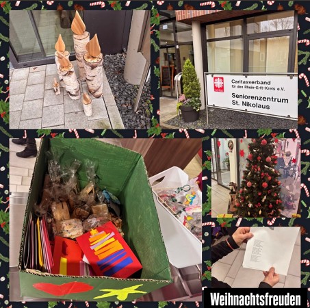 Collage mit 4 Bildern: Kerzen aus Birkenstämmen, dem Eingangsschild des Seniorenzentrums, einer Kiste mit Weihnachtskarten und Plätzchen, einem geschmücktem Weihnachtsbaum und einem Liederzettel.