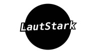 Logo des Schulchor LautStark. Der Titel ist quer über eine schwarzen Kreis geschrieben.