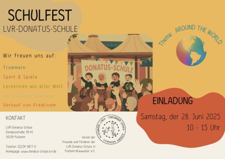 Einladungs-Flyer zum Schulfest der LVR-Donatus-Schule. das Schulfest ist am 28.6.2025 von 10 bis 15 Uhr.