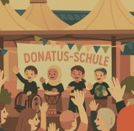 Logo zum Schulfest 2025. Auf dem Logo sind 4 Personen aus unterschiedlichen Kulturen zu sehen die gemeinsam Musik machen.