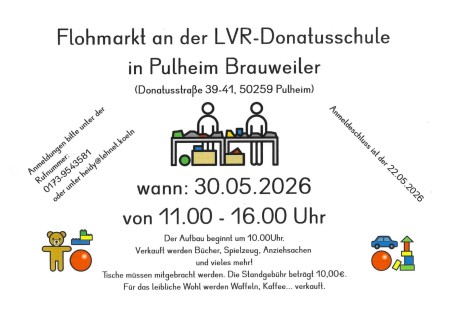 Flohmarkt an der LVR-Donatus-Schule am 30.5.26 von 11.00 bis 16.00.
