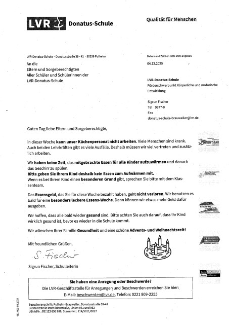 Aktuelle Informationen zum Küchenausfall in unserer Schule.