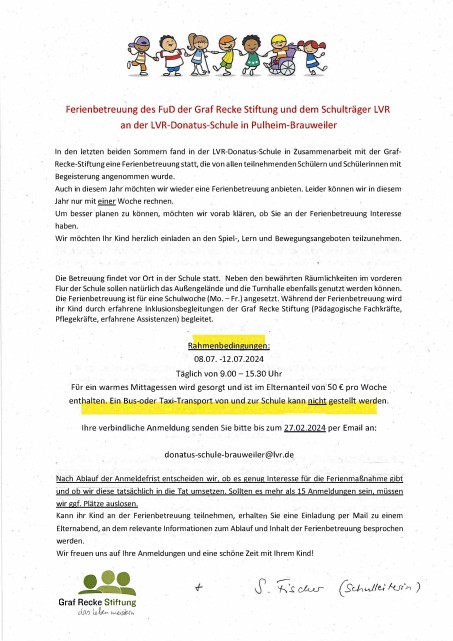 Flyer zur Ferienbetreuung des FuD der Graf Recke Stiftung und dem Schulträger LVR an der LVR-Donatus-Schule in Pulheim Brauweiler.