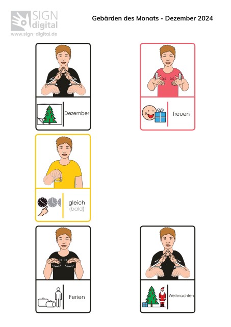 Symbole mit den Gebärden Dezember, Freuen, glei, Ferien, Weihnachten.