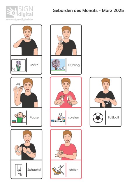 Pictogramme mit den Gebärden des Monats März 2025: März, Frühling, Pause, spielen, Fußball, Schaukel, chillen