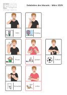 Pictogramme mit den Gebärden des Monats März 2025: März, Frühling, Pause, spielen, Fußball, Schaukel, chillen