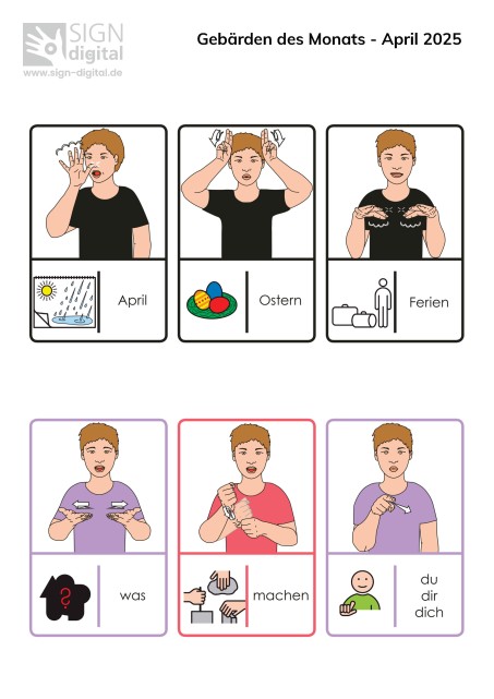 Pictogramme mit den Gebärden des Monats April 2025