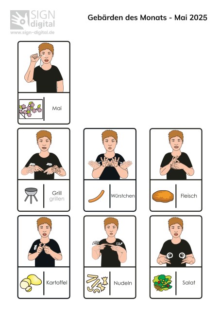 Pictogramme mit den Gebärden des Monats Mai 2025.