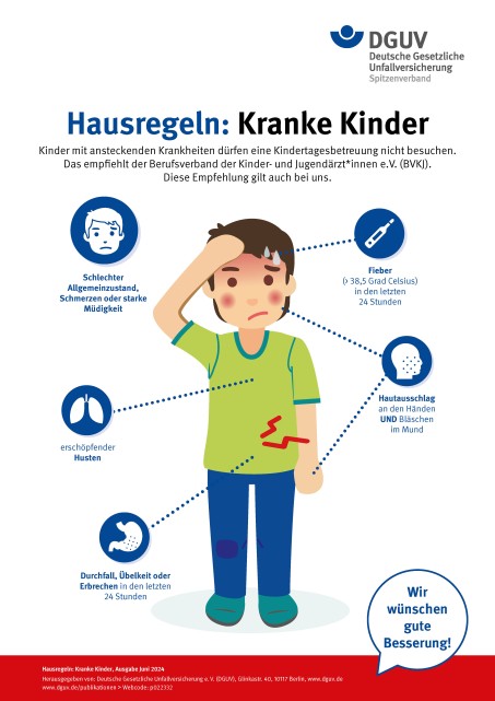Plakat mit Empfehlungen für den Umgang mit kranken Kindern in deutscher Sprache. Die auf dem Plakat formulierten Empfehlungen sind sehr eng mit dem Berufsverband der Kinder- und Jugendärzt*innen e.V. (BVKJ) abgestimmt. Diese sehen 24 Stunden Karenzzeit bei Durchfallerkrankungen als ausreichend an. Ebenso spricht medizinisch nichts dagegen, das Kind bereits nach 24 Stunden Fieberfreiheit wieder zur Kindertagesbetreuung zu schicken, wenn der Allgemeinzustand gut ist. Nur in Ausnahmen wird bei Durchfallerkrankungen eine bakterielle oder virale Ursache kinderärztlich bestätigt. Ergibt diese eine infektiöse Gastroenteritis, so gelten selbstverständlich die 48 Stunden. Im Alltag der Kindertagesbetreuung kommen allerdings häufiger nicht infektiöse Ursachen vor. Bitte haben Sie Verständnis, wenn ein solches Plakat, was immer auch nur als Empfehlung zu verstehen ist, nicht alle erdenklichen Fälle für jeden zufriedenstellend abdecken kann.