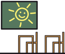 Symbol mit einer Sonne auf der Tafel. Das Symbol steht für die Ferienbetreuung